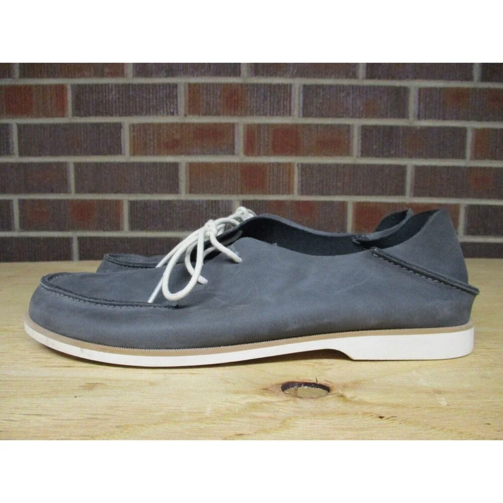 Olukai Men Holokai Gray Leather Boat Shoes Lace Up Casual 10279-6C6C Size 10